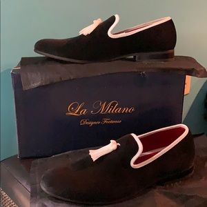 La Milano Black Velvet Loafers with White Tassel